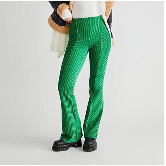 Free People Pants - Free People Women's Slim Pull-On Velvet Flare Pants Green Bee Large Retro Funky